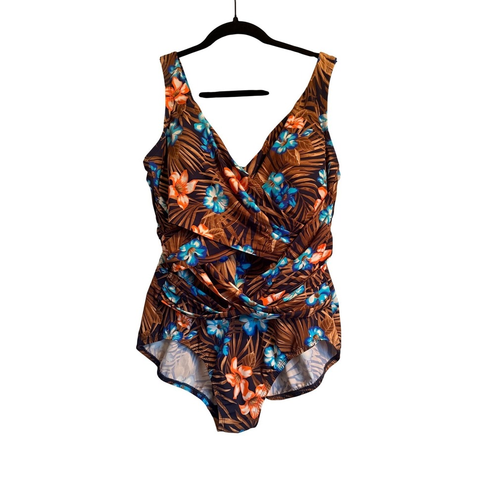 Modest Slimming Lands End Slendersuit Wrap 16W Tropical Floral Swimsuit